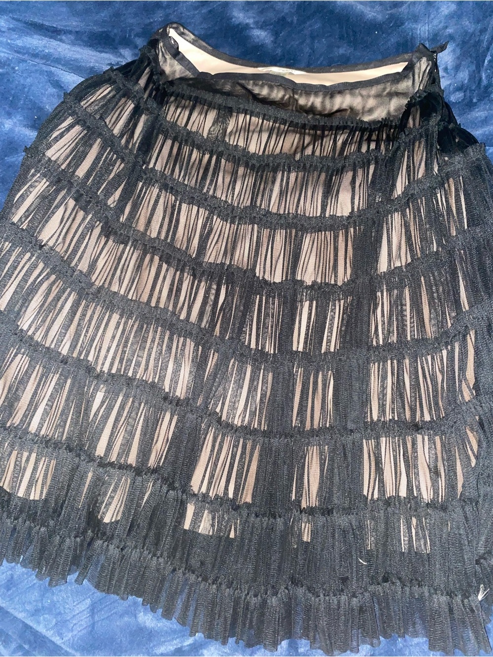 WD, NY Black Layered Fringe Midi Skirt with Nude Lining